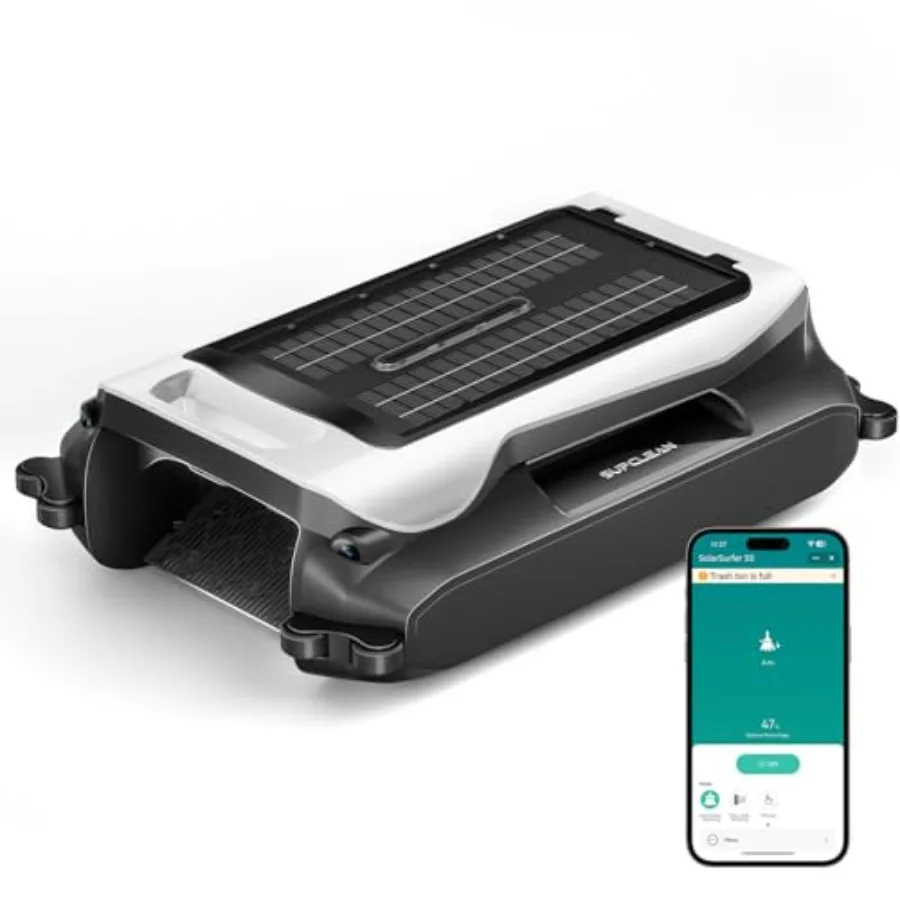 24/7 Solar Powered Automatic Electric Pool Skimmer Robot with APP Support for Above Inground Pool White Floating Surface Cleane