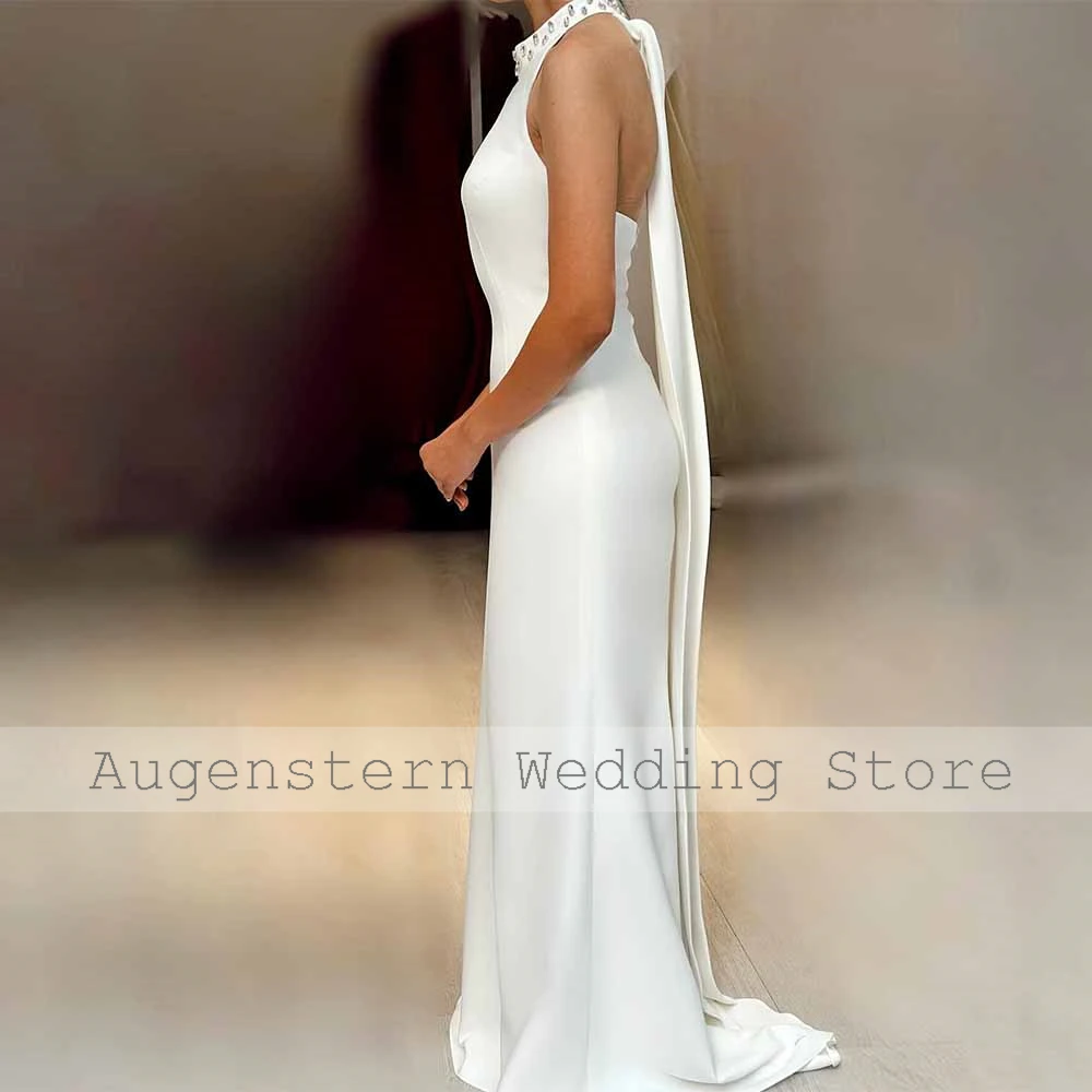 Classy Hall Wedding Dresses Satin Mermaid/Trumpet Engagement Dress White High Collar Rhinestones Shawl Wedding Party Dress Long