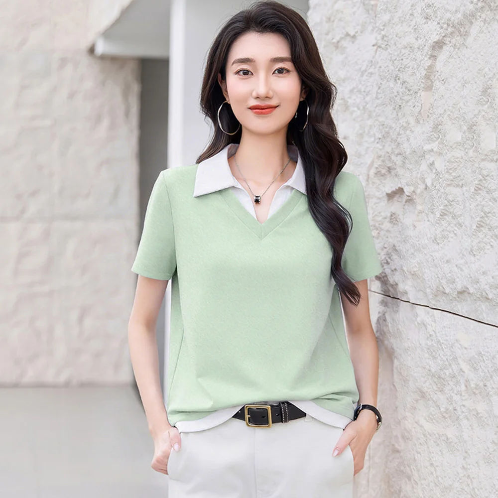New Women Summer Short Sleeve T-shirt Fashion Contrast Color Turn-down Collar Loose Daily T-shirt Casual All-match T-shirt