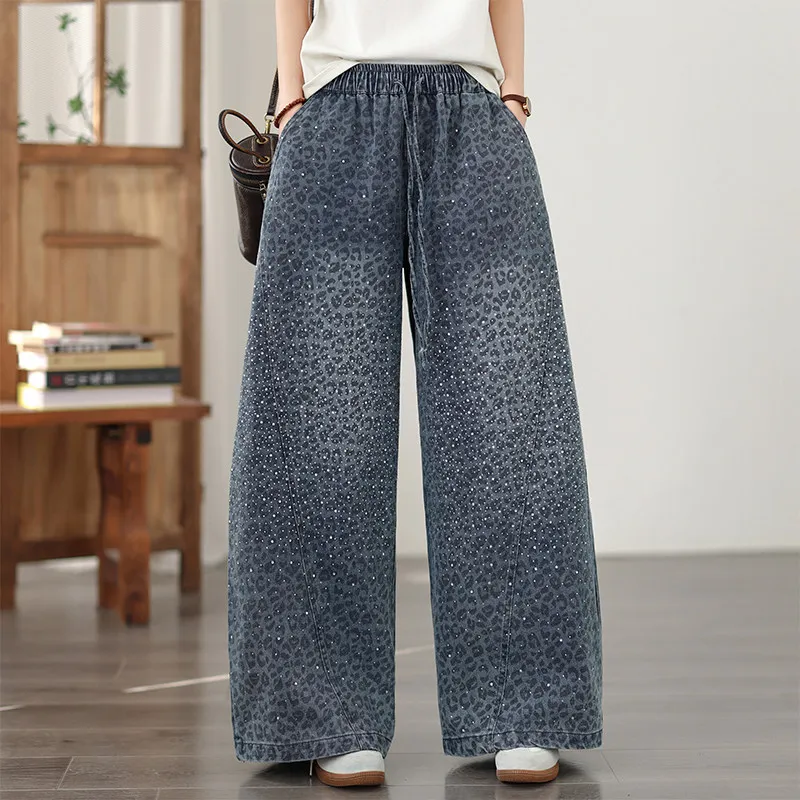 

Leopard Print Hot-fix Rhinestones Jeans For Women Oversized Elastic Waist Wide Leg Loose Denim Pants Female Versatile Trousers