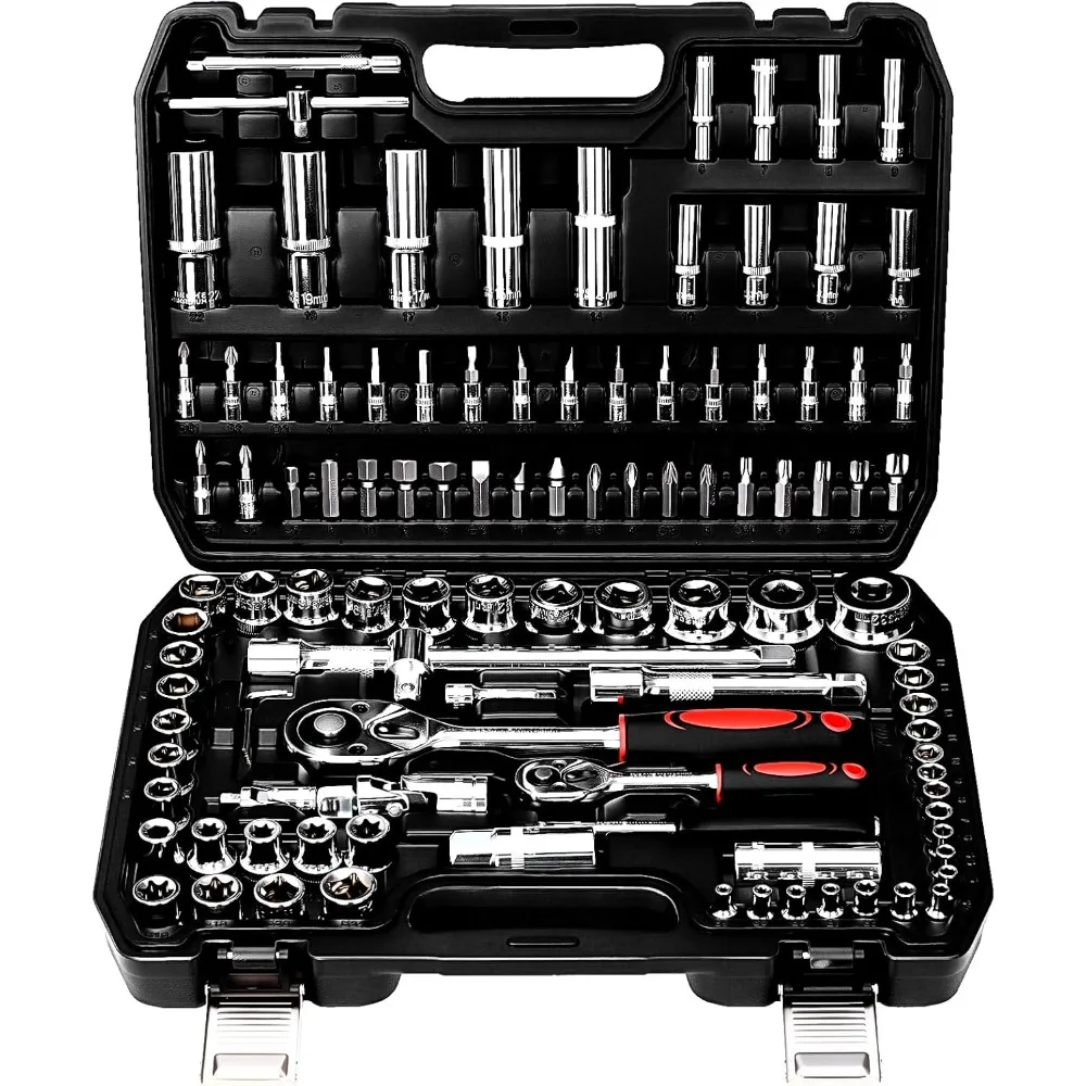 

TLGREEN 108 Pcs Mechanic Socket Tool Kit,CR-V Steel Metric And Standard 1/4 & 1/2 Ratchet set,Universal Joint,Extension Bars,Ada