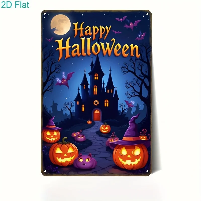 Metal Iron Sign,2 Happy Halloween - Haunted Mansion with Spooky Pumpkins and Bats Festive Decorations Wall Art Home Decor Part
