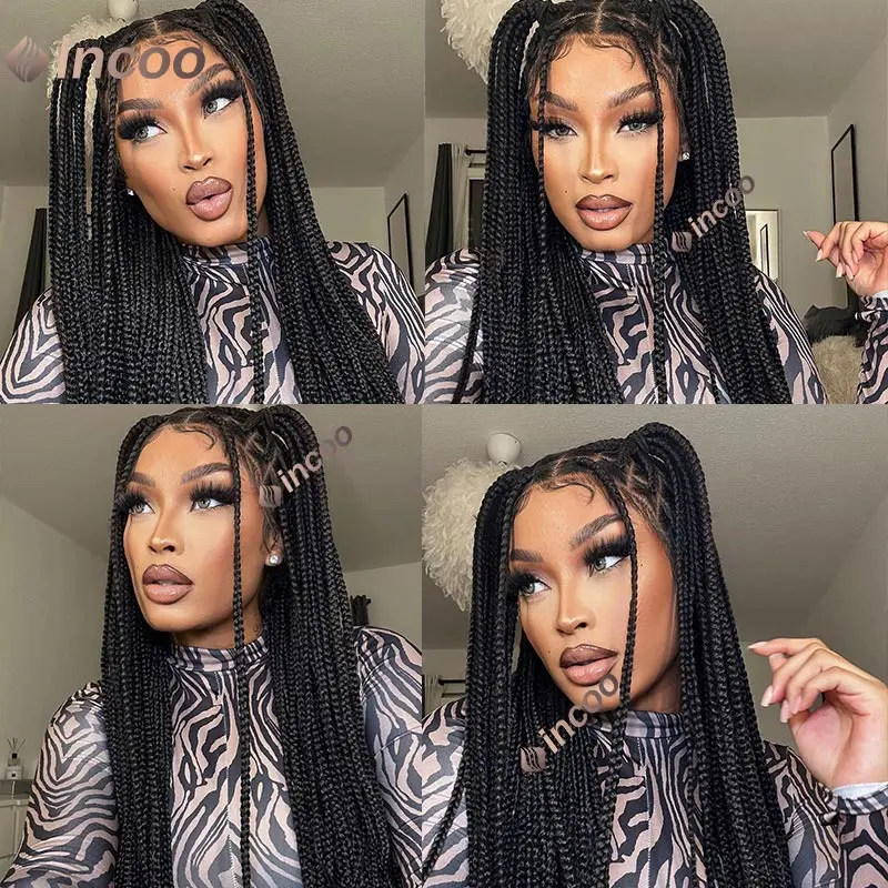 Full Lace Braided Wigs for Black Women 36 Inches Synthetic Jumbo Knotless Box Square Braids Wig Lace Frontal Wig Afro American