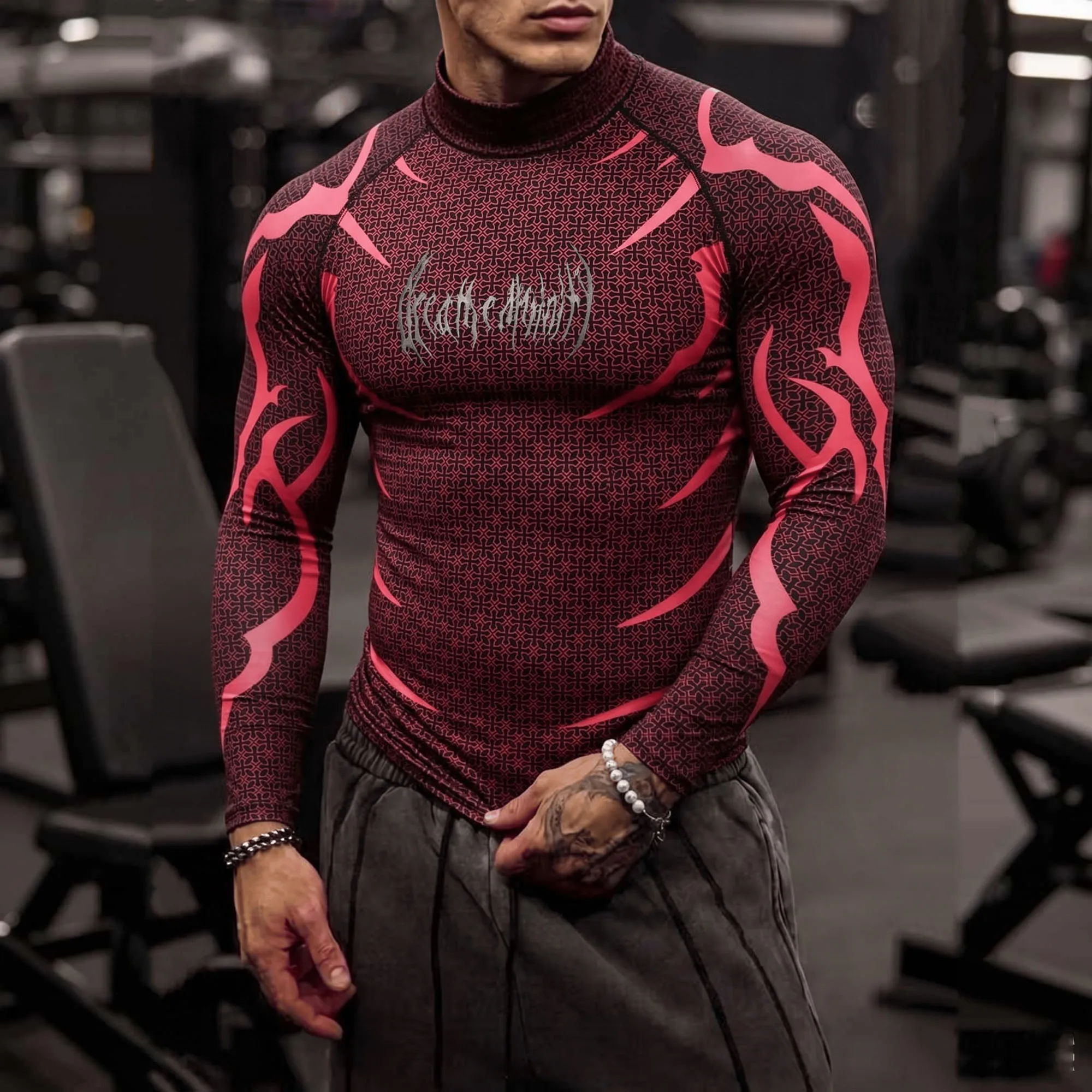 Men Mock Neck Fitness Long Sleeve Top Geometric Texture Jagged Gothic Letter Print Gym Workout Training Base Layer
