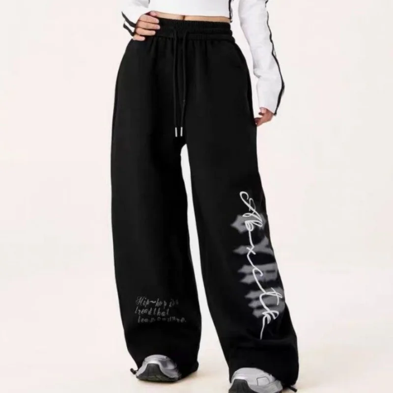 Amerykańskie spodnie sportowe damskie w stylu vintage, szerokie nogawki, modne trendy streetwear, styl koreański, spodnie do tańca.