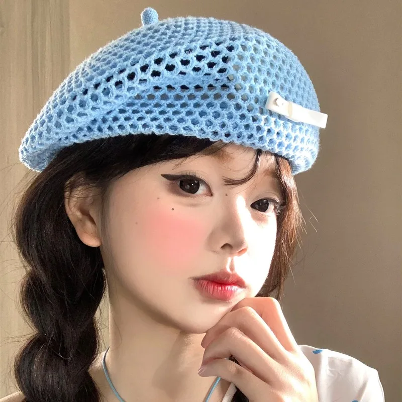 Boinas japonesas de color liso con tejido hueco, gorras de verano finas y transpirables para mujer, sombrero de pintor con lazo grande, gorras para mujer