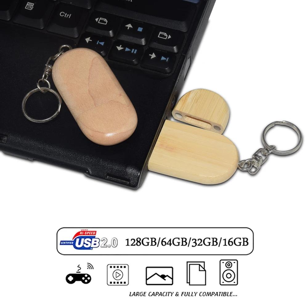 50pcs/lot Wooden 2.0USB Flash Drives 128GB Free Engraved Logo Keychain Memory Stick 64GB 32GB Wedding Photography Pen Drive Gift