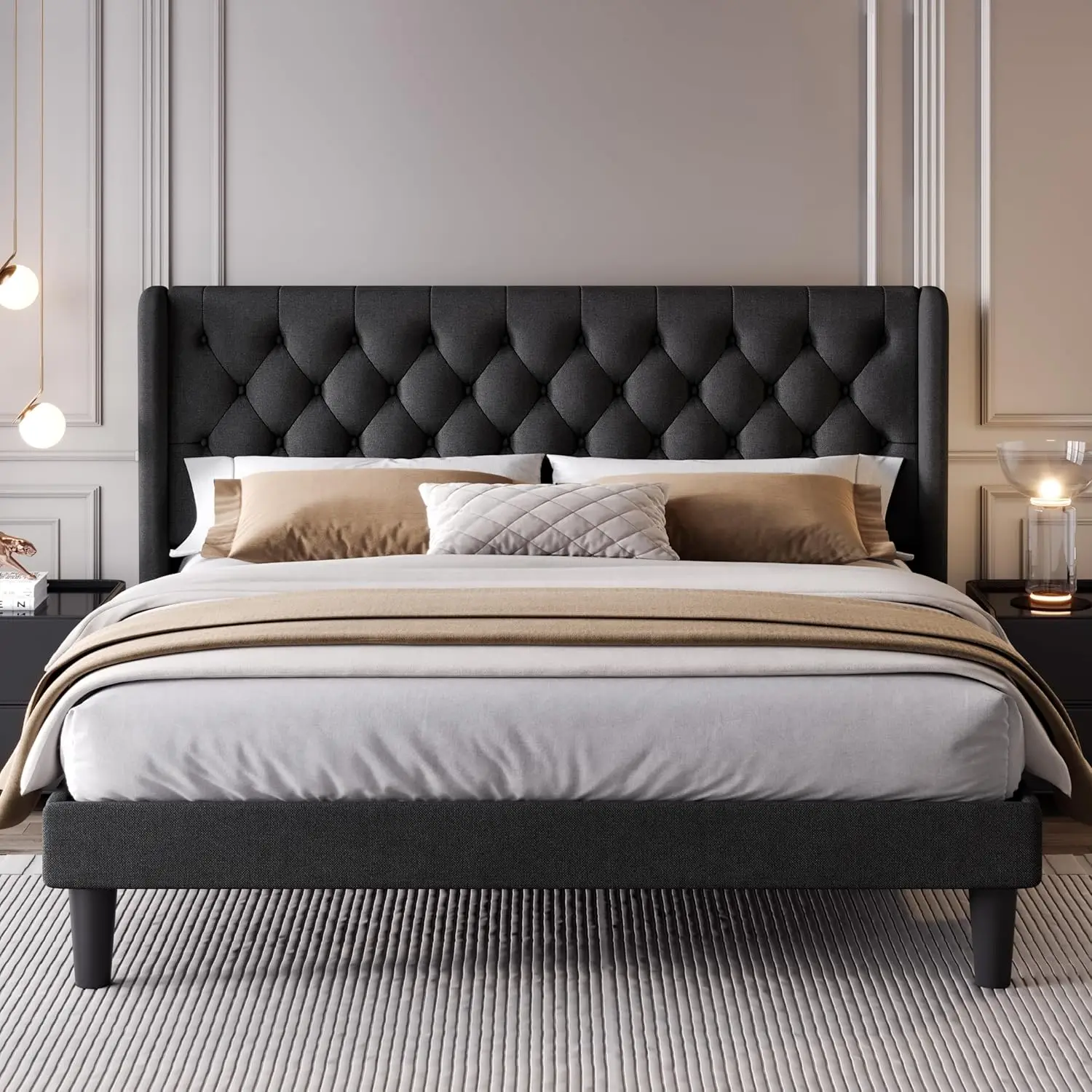 

SHA CERLIN King Size Platform Bed Frame with Upholstered Headboard and Wingback, Button Tufted Design