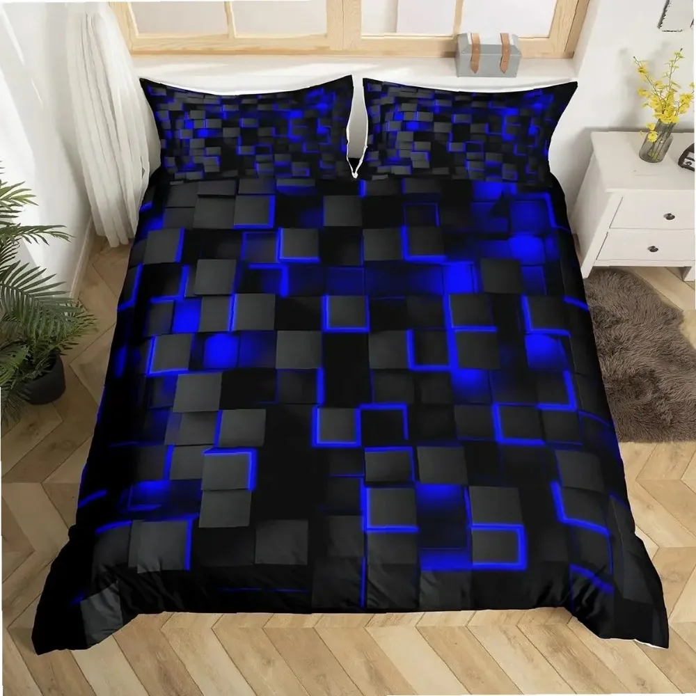 Blue and Black Bedding Duvet Cover Set Light Geometric Bedding Set for Kids Boys Girls Comforter Cover Set Bedspread Cover