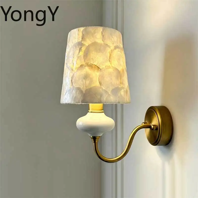Shell all-copper ceramic wall lamp American retro bedroom living room entrance wall lamp