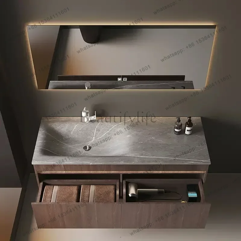 LJY Modern Solid Wood Bathroom Sink Cabinet Vanity Light Luxury Bathroom Cabinets Rock Slab Integrated Washbasin Bathroom Furnit