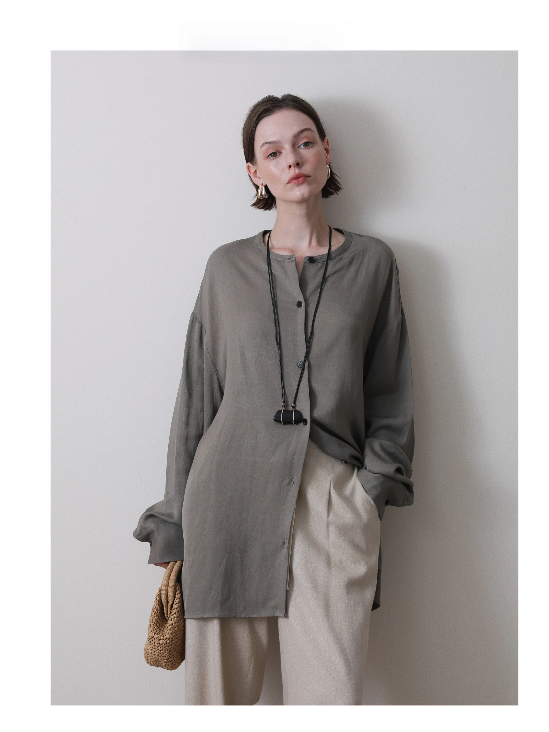 

3HLADY Early Autumn 25 Loose Sle Linen Blend Long irt CleanFit Faion Women's Skin-Friendly Breathable Thin Medium-Lengt...