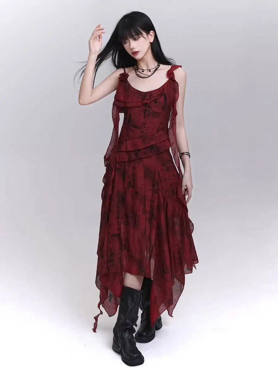 Punk Women Strap Dress Irregular Red Cami Dress Ghost Girl Stunning Slip Dress For Beach Vacation Concert Outfit