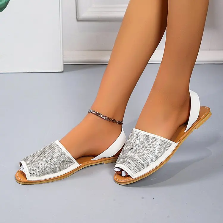 2022 sandali da donna superficie in pelle sandali retrò con strass Slip on Casual Open Toe cucito scarpe da spiaggia piatte da donna