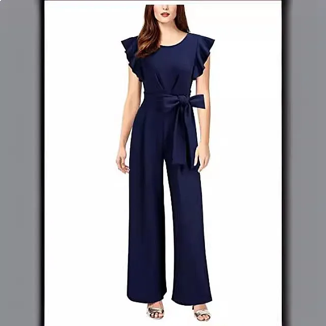 Women's Retro Sleeveless Ruffle High Waist Wide Leg Jumpsuit Long Formal Evening Jumpsuits