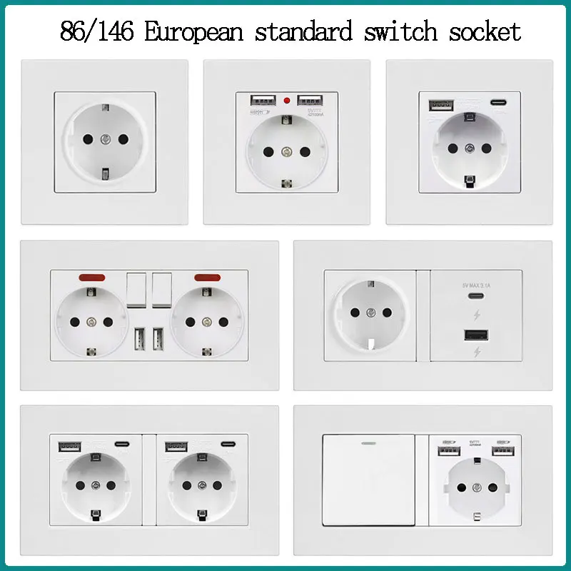 White PC EU Switch Socket Panel German Standard Socket Plug With Dual-Port USB Type-C Fast Charging Power Socket Panel Concealed