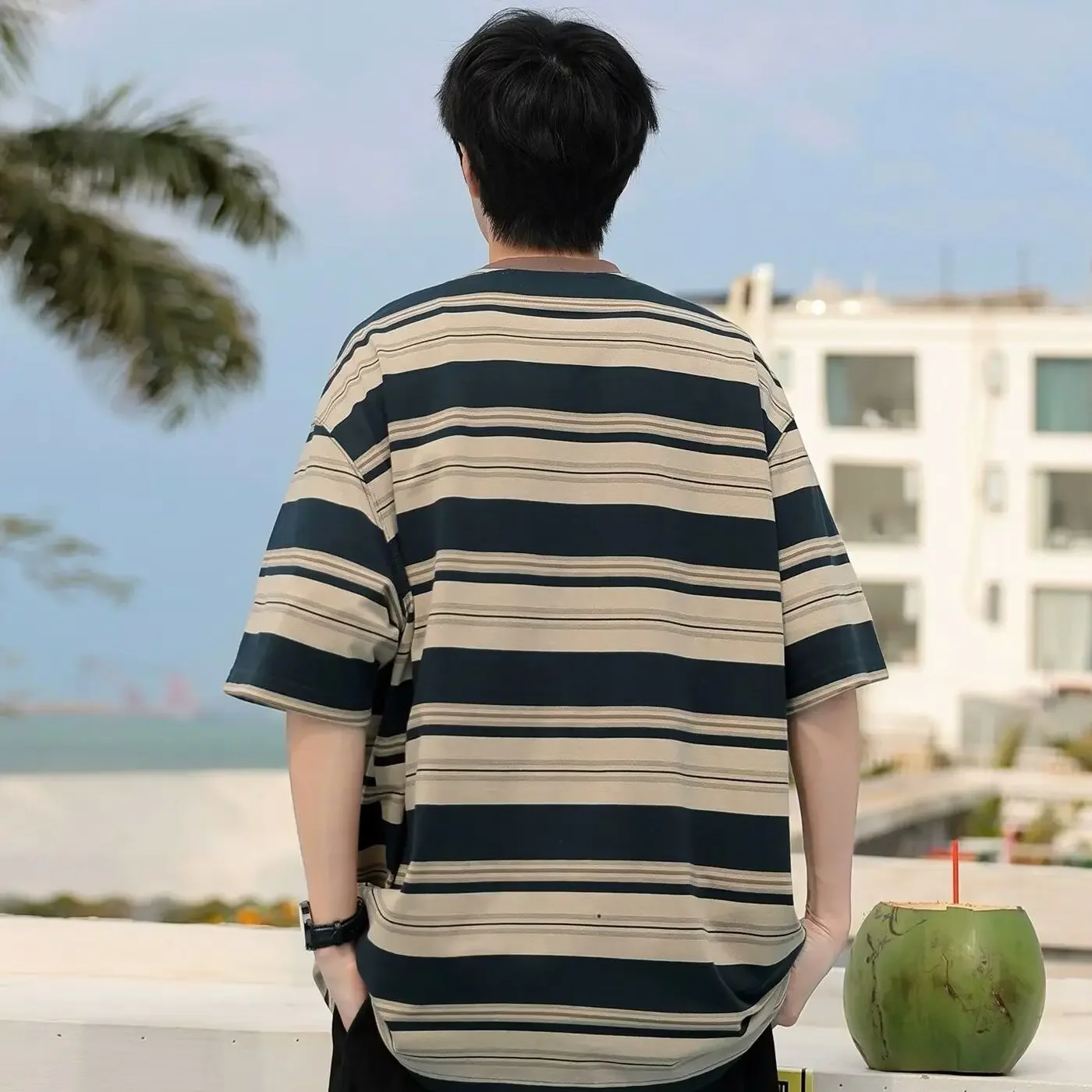 Striped Top T Shirt for Men Man Tee Shirts O Neck Funny Ordinary Cheap Clothes Streetwear Y2k Basic Fashion Korean Clothing Chic