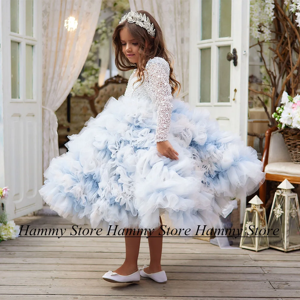 Contrast Color Flower Girl Dress New Arrival Sheer Round Neck Long Sleeves Lace Ruffles Tulel Puff Girls Birthday Party Gown