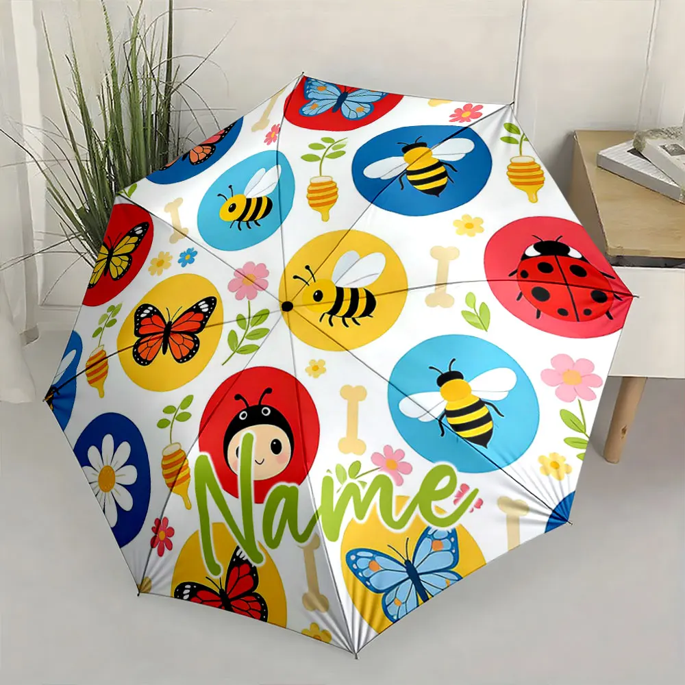 Custom Name Umbrella Colorful Insect and Flower Umbrella Design Print 8 Iron Ribs Folding Umbrella Auto-Open Fashion Sunshade