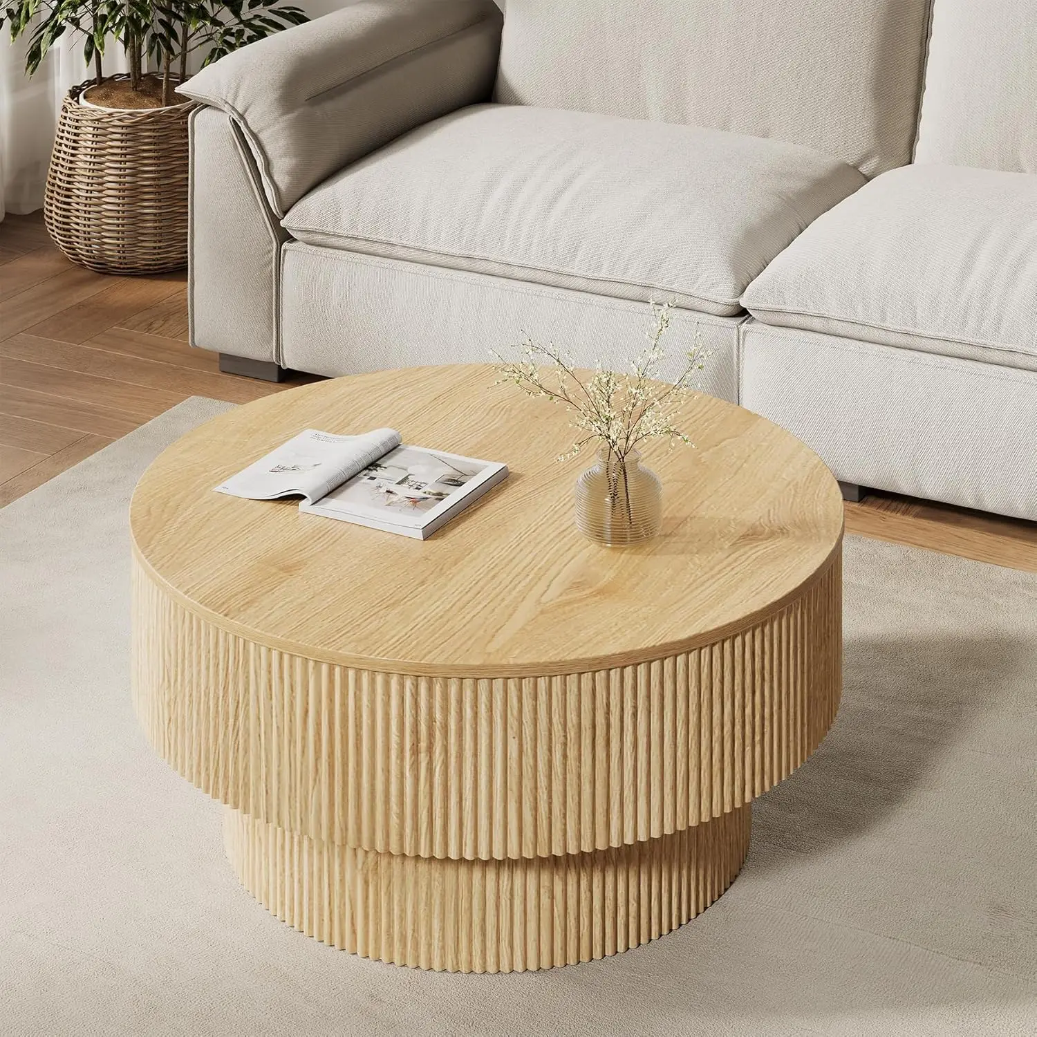 

31.5" Round Coffee Table with Lift-Top Storage, Fluted Wooden Center Tea Table for Living Room, Modern Storage, Customized