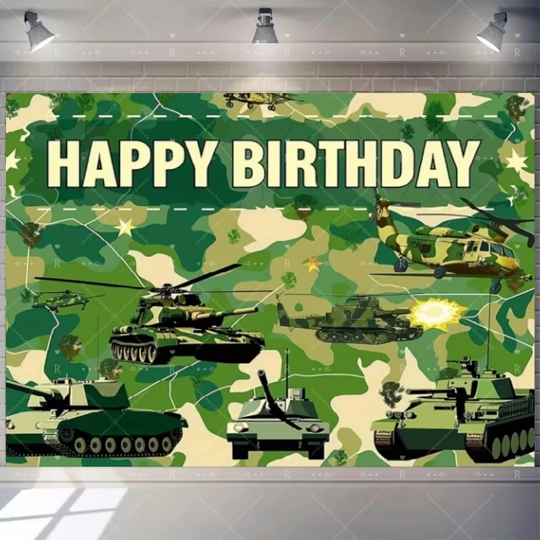 Militär-Armee-Thema Geburtstagsparty-Dekoration Hintergrund Tarnmuster Soldat Flugzeug Panzer Auto Hintergrund Jungen Foto-Banner Geschenke – Detail 4