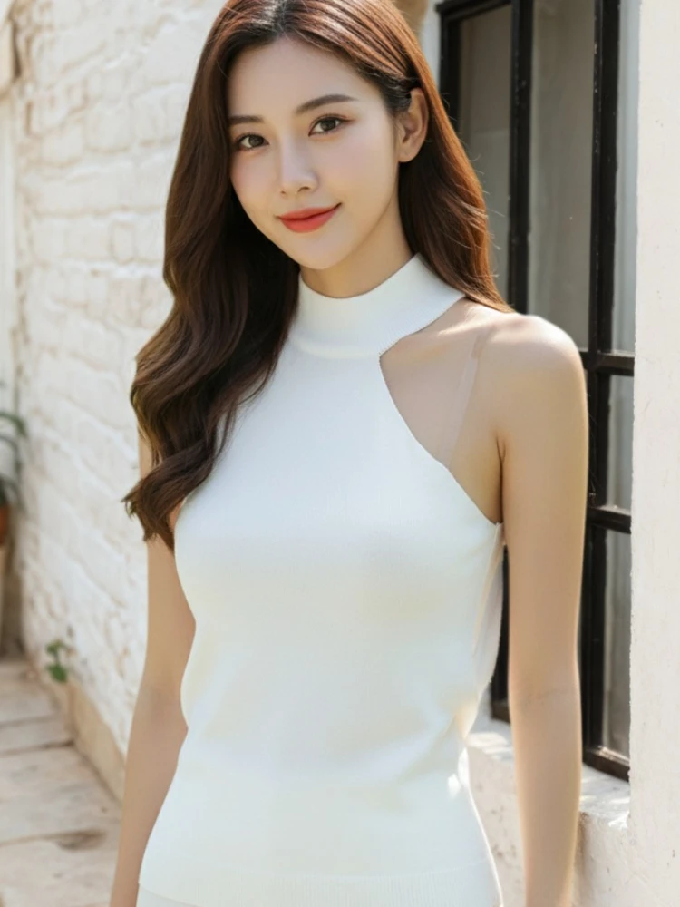 2026 Summer Women Crop Top Sleeveless Turtleneck Female Tank Tops Knitted Off Shoulder Vests White Beige Sexy Clothing Black
