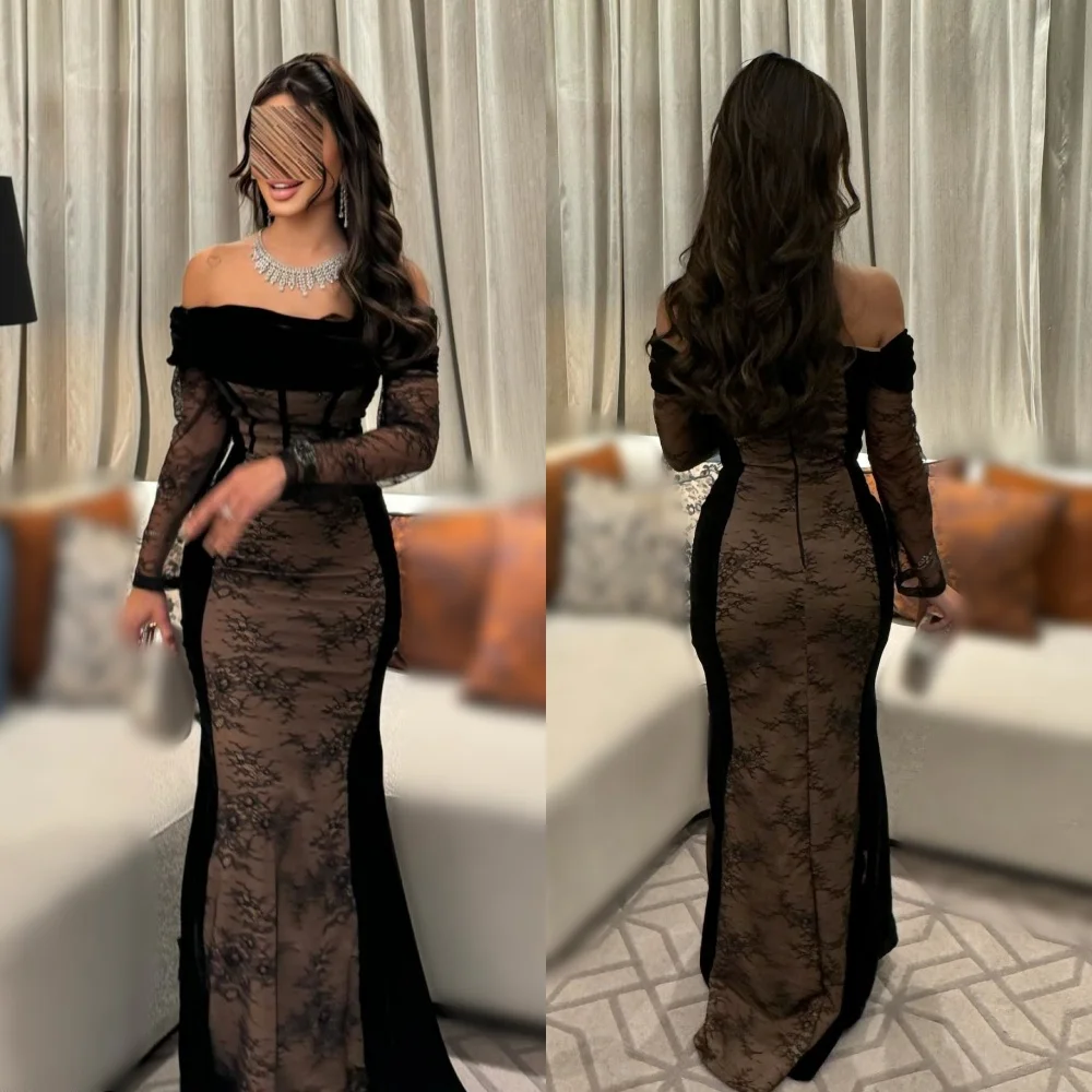 

Customized Temperament Pleat Lace Off-the-shoulder Mermaid Long Dresses Bespoke Occasion Women's Evening Party Charming