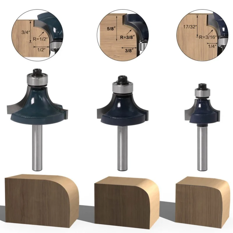 3pcs Corner Round Over Router Bit 1/4 Inch Shank With Bearing Woodworking Milling Cutter
