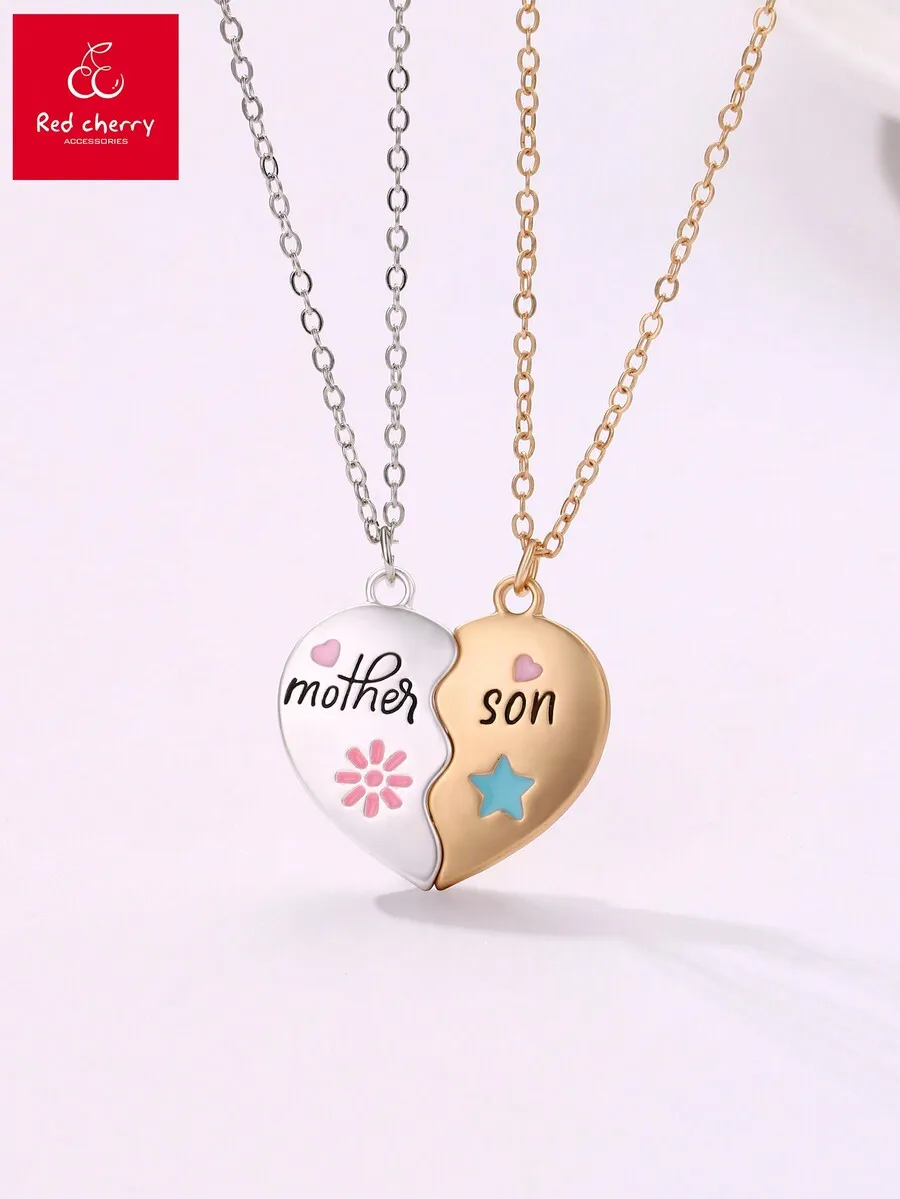 2pcs/Set Mother-Son Sun & Star Zinc Alloy Magnetic Necklace Gift Set For Mother's Day, Cute English Letter Print, Nickel Plated