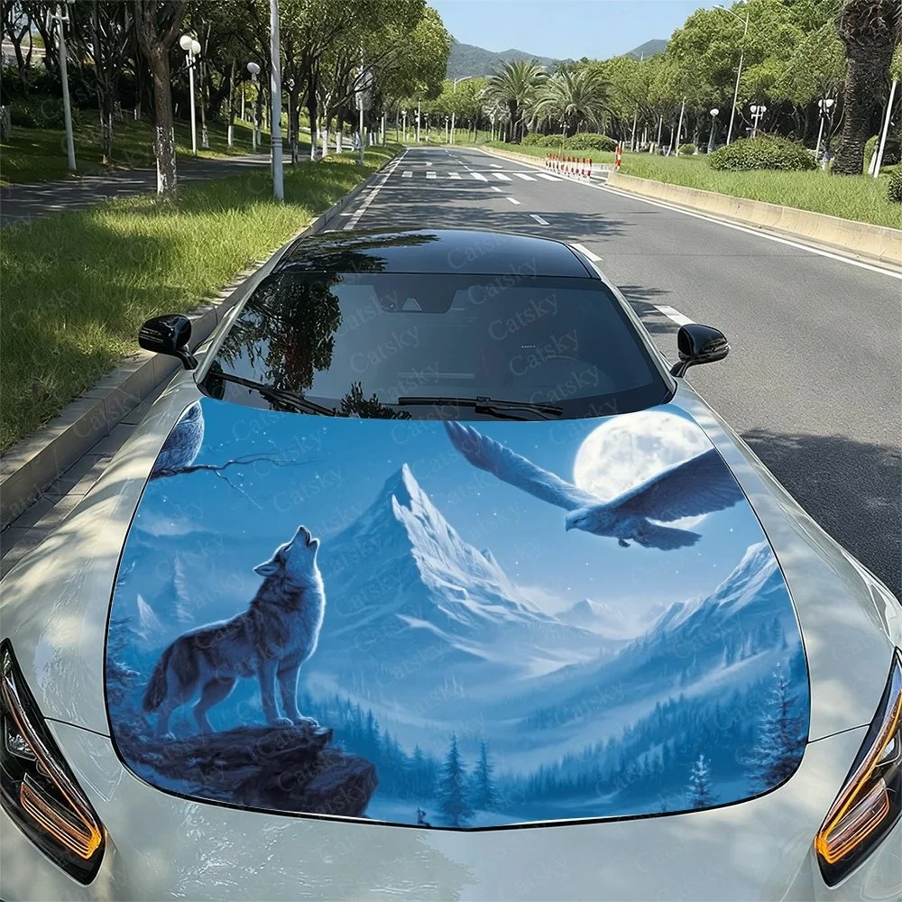 Blues Wolf Roar Moon Car Hood Sticker PVC Self Waterproof Stick, Striking Auto Exterior Accessories Decor Protect Gift for Lover