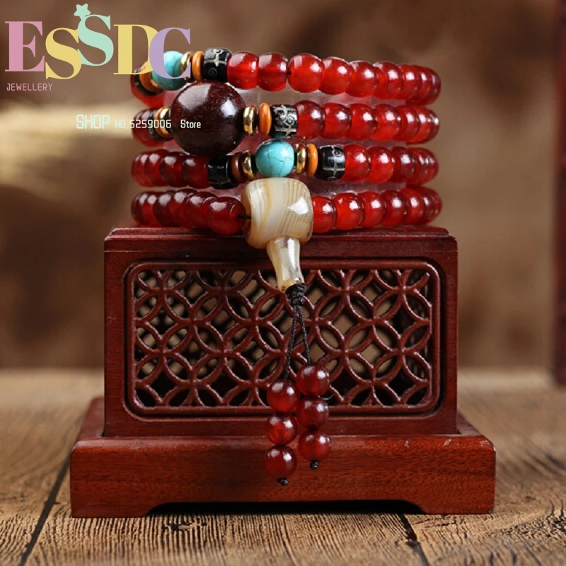 

High Quality Natural Tibet Jokhang Temple Old Sheep Horn Polished Barrels Beads 108 Mala Hand Strings Men and Women Bracelet