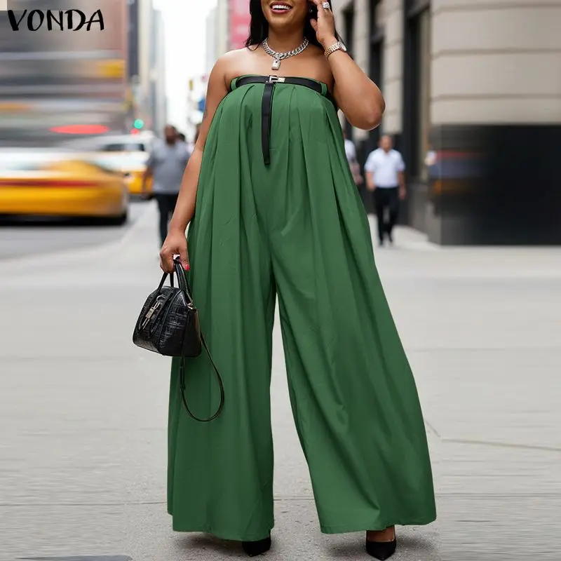 

Fashion VONDA Summer Sleeveless Women Plus Size Jumpsuits Solid Jumpsuit Rompers Solid Party Playsuits Wide Leg Pants No Belt