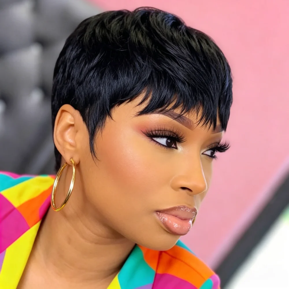 Short Straight Pixie Cut Human Hair Wig with Bangs