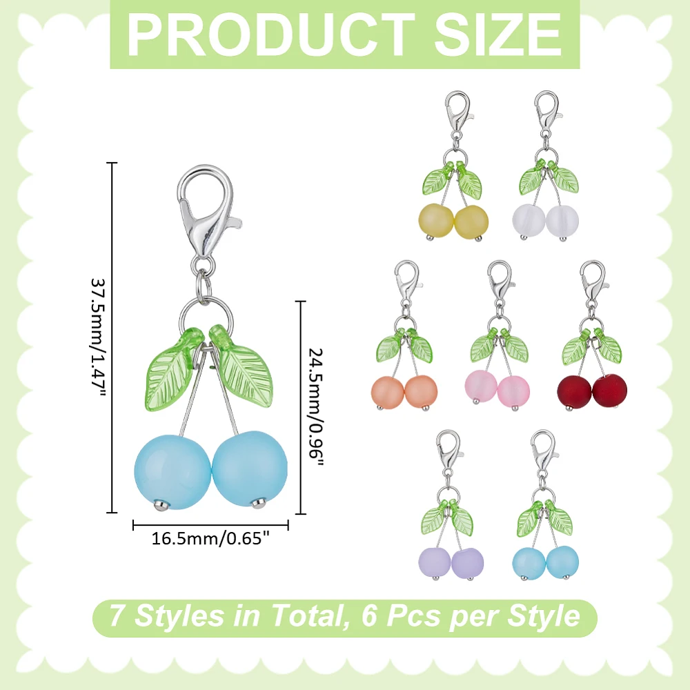 42Pcs Cherry Stitch Markers Charms Transparent Glass Pendant Decorations Alloy Lobster Claw Clasps Charms Knitting Crochet