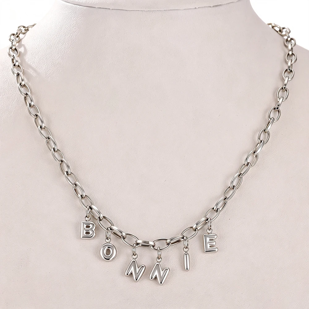 Collier personnalisé avec nom en 3D à bulles (1 à 10 lettres) pour femme, chaîne épaisse en acier inoxydable, breloque initiale en forme de ballon, bijoux personnalisés