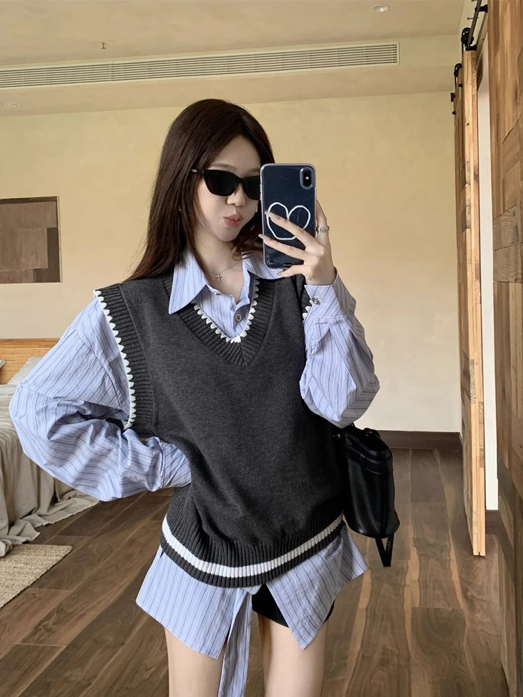 

College Style V-neck Contrasting Knitted Vest Blue Long Sleeved Striped Shirt 2025 New Autumn Fashion Women's 2-piece Sets
