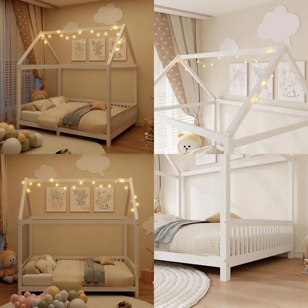 

Full Size Wooden Loft Bed with LED Lights and Safety Guardrails for Kids, Playhouse Beds for Girls and Boys, White
