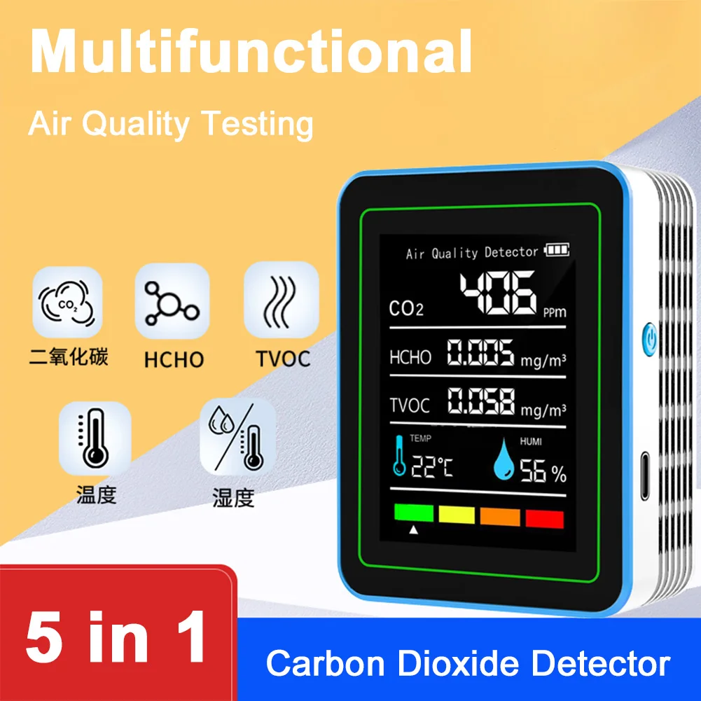 5-in-1 Air Quality Monitor Portable Carbon Dioxide Detector HCHO TVOC Co2 Meter Temperature Humidity Detector for Indoor Outdoor