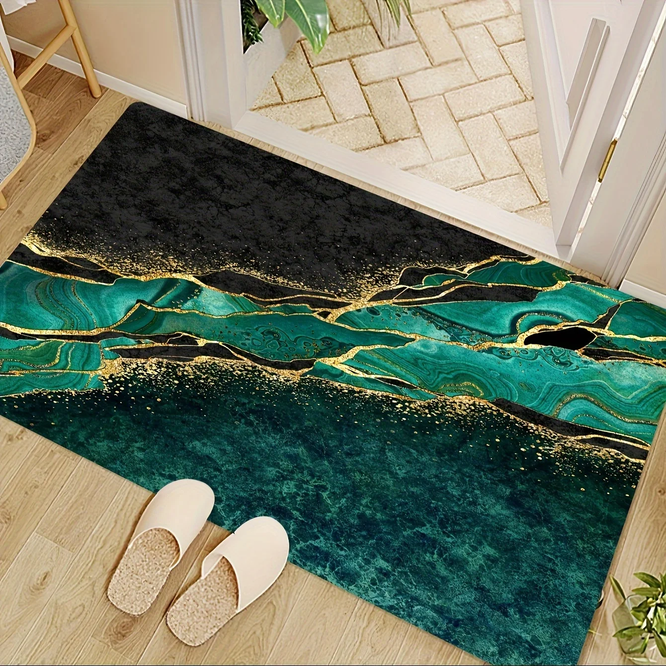 Emerald Green Element Rug Black Marble Print Floor Mat Carpet for Living Room Decoration Home Bedroom Household Dirt Resistant