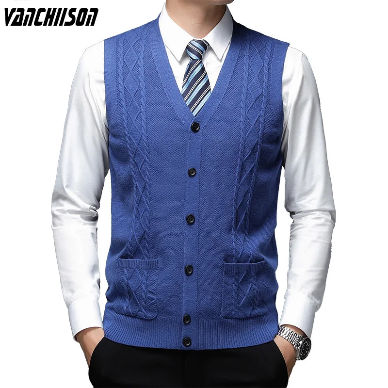 

Men 3D Wool Knit Vest Sleeveless Sweater Jacket Buttons Down Pockets V Neck Basic Cardigan Male Fashion 00060