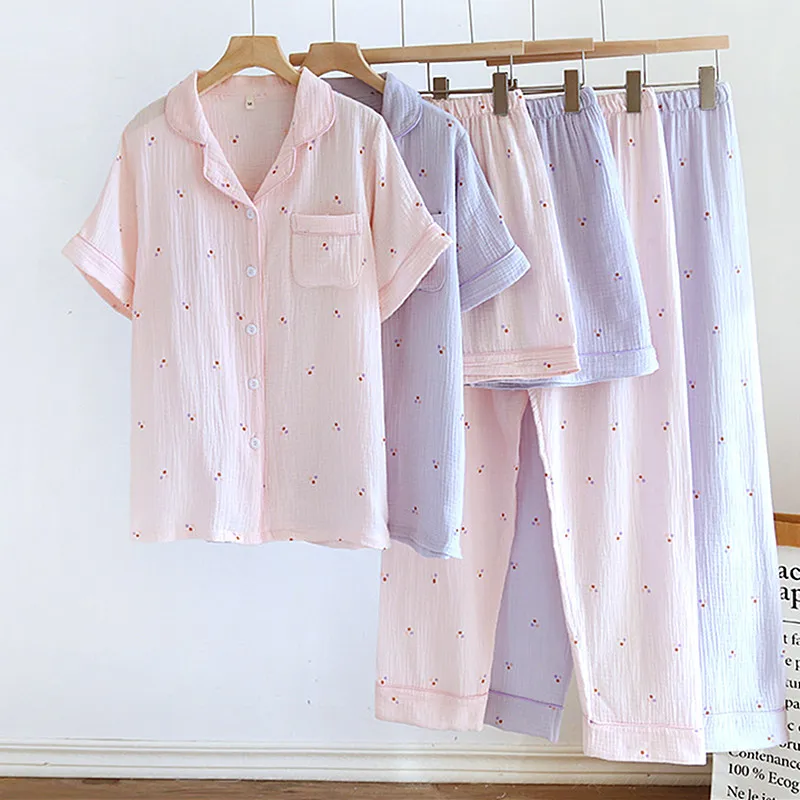 100% Cotton Women\'s Pajamas Printed Short Sleeve 3 Pieces Set Spring Summer Homewear Night Suit Female Sleepwear Sleep Clothes