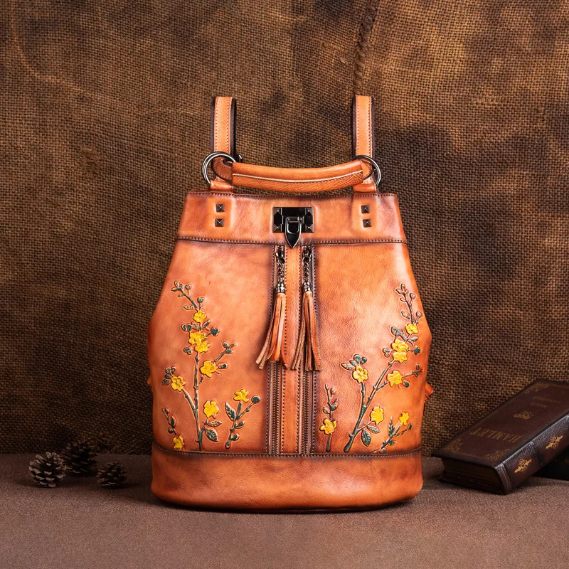 Johnature 2024 New Vintage Nature Cow Leather Women Backpack Travel Bag Large Capacity Handmade Embossed Female Shoulder Bags