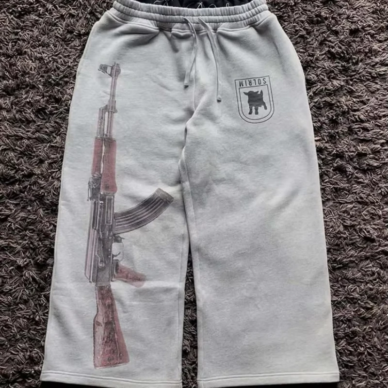 2025 European and American Embroidered Street Couple Double Head Double Waist Pants Personalized Printed Pattern Pants