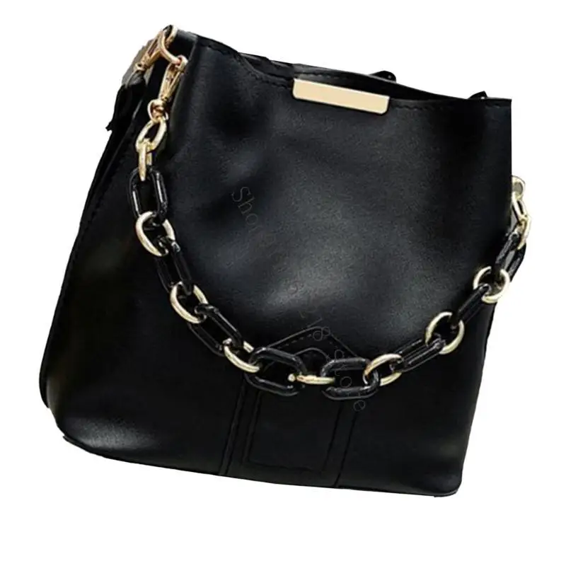 

Elegant Color PU Leather Bucket Bag with Chain Handle for Women Adjustable Strap Simple Crossbody Shoulder Handbag 066F
