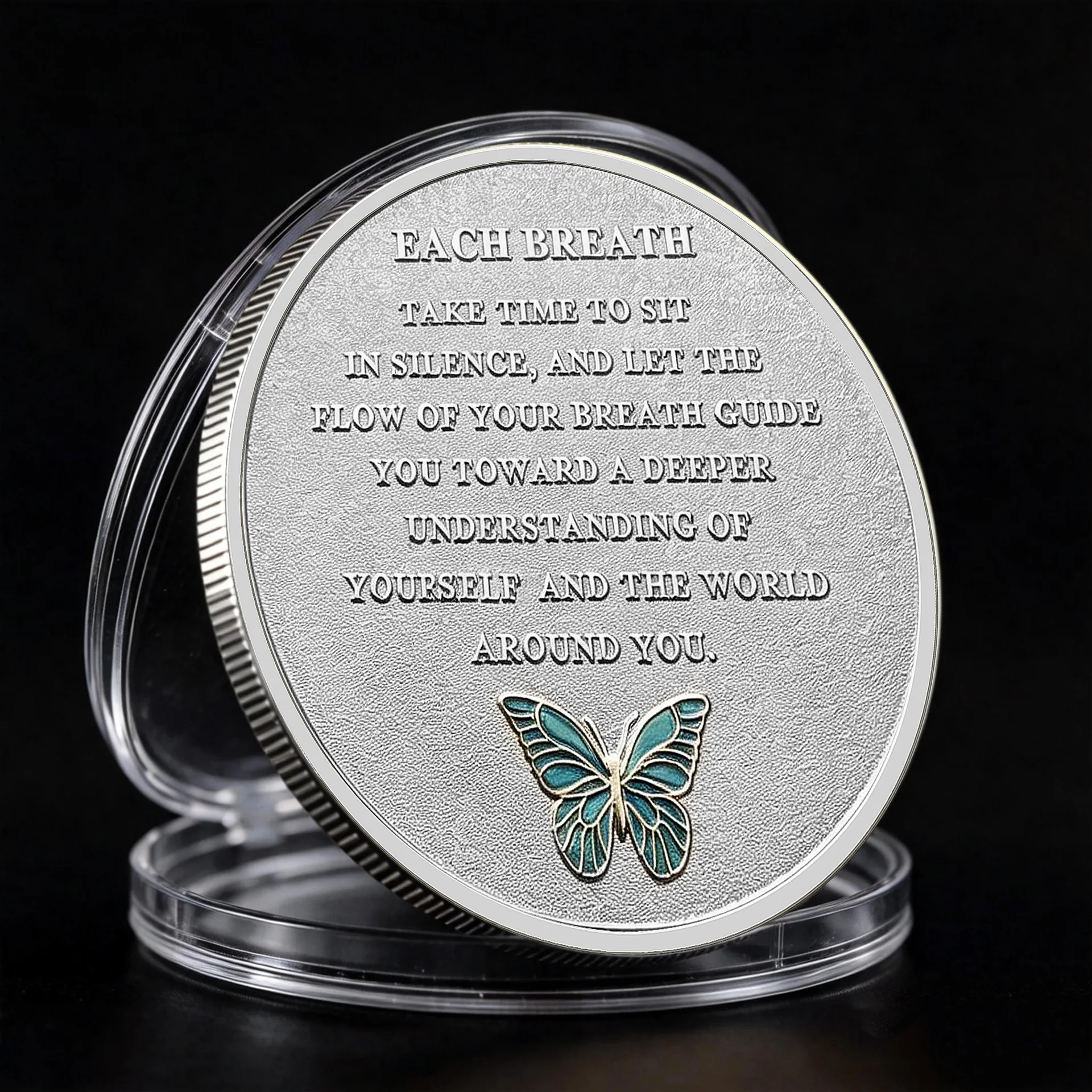 Butterfly Woman Meditation Silvery Plated Challenge Coin Breathe Calmly Inspirational Quote Commemorative Coin Souvenir Gift