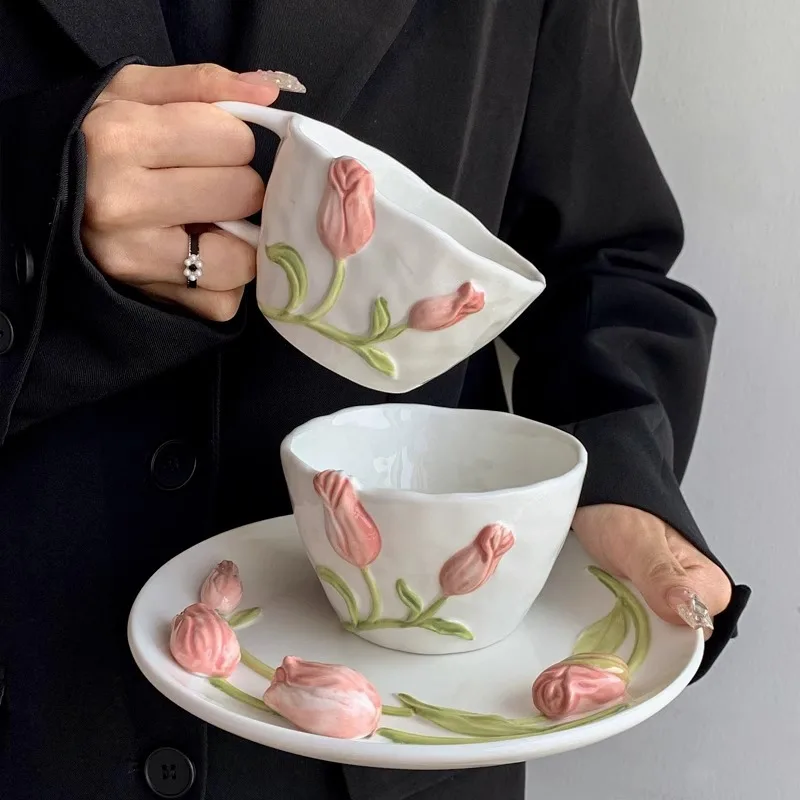 Hand-painted Embossed Tulip Ceramic Mug, Creative Cup & Saucer Set, Stylish Home Coffee & Water Cup