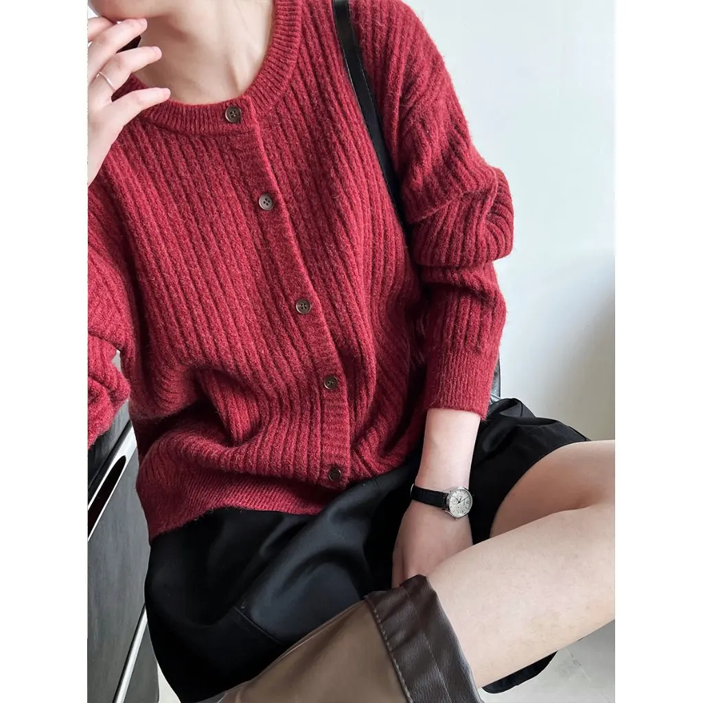 

Luxi Women's Retro Pit Strip round Neck Short Knitted Cardigan Autumn All-match Jacket Top for Casual Wear