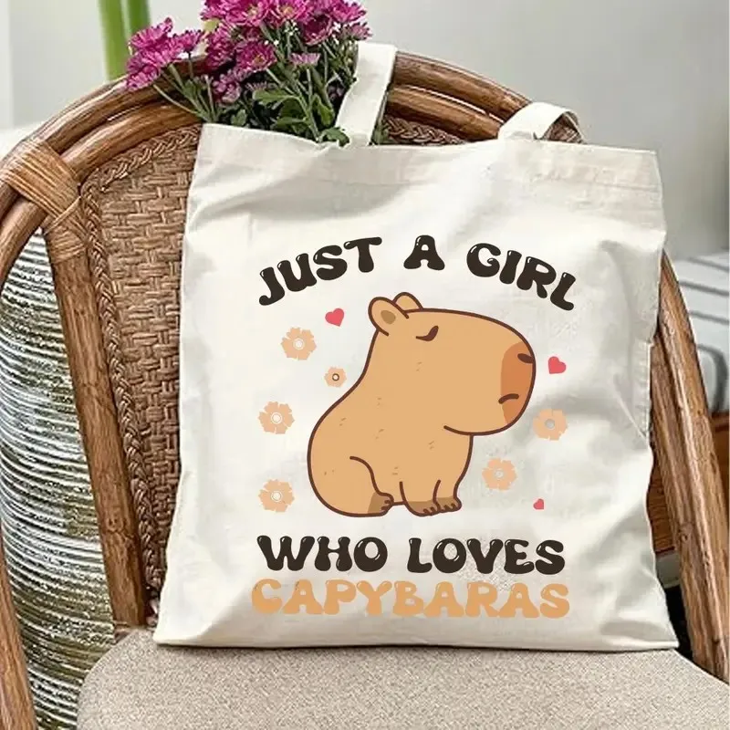 

Capybara Canvas Tote Bag Just a Girl Who Loves Capybaras Print, Durable Canvas with Heart Accents, for Shopping Travel Outdoor