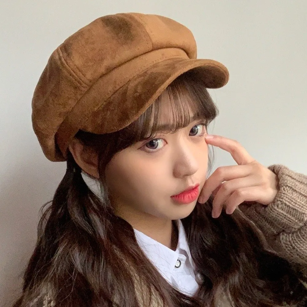 

Retro Korean Style Berets Hat Solid Color Keep Warm Newsboy Cap JK British Suede Octagonal Hat Ladies