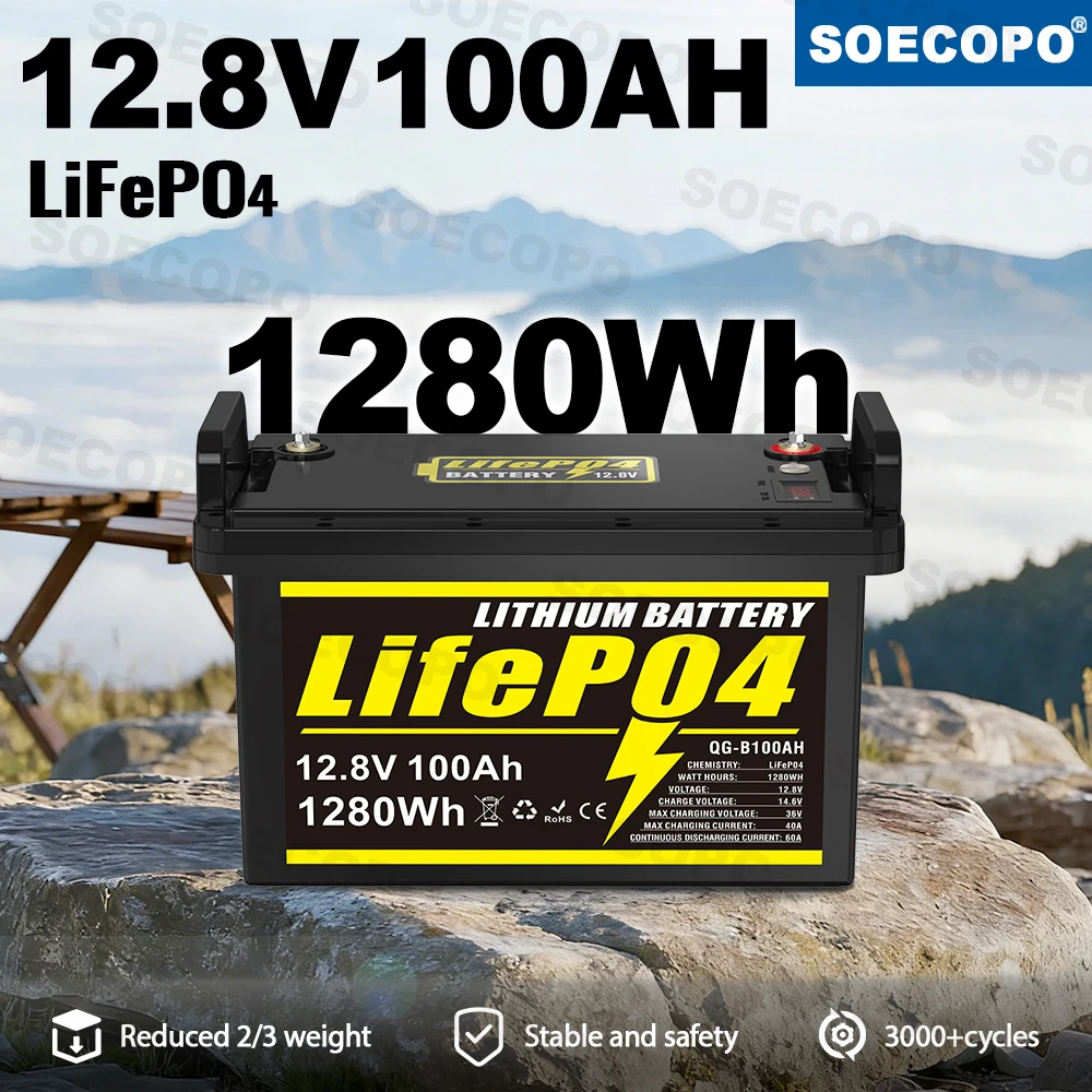 

SOECOPO 12.8V 100Ah LiFePO4 Deep Cycle Battery Built-in BMS USB Port LCD Display 1280Wh 3000+ Rechargeable Power for Home RV
